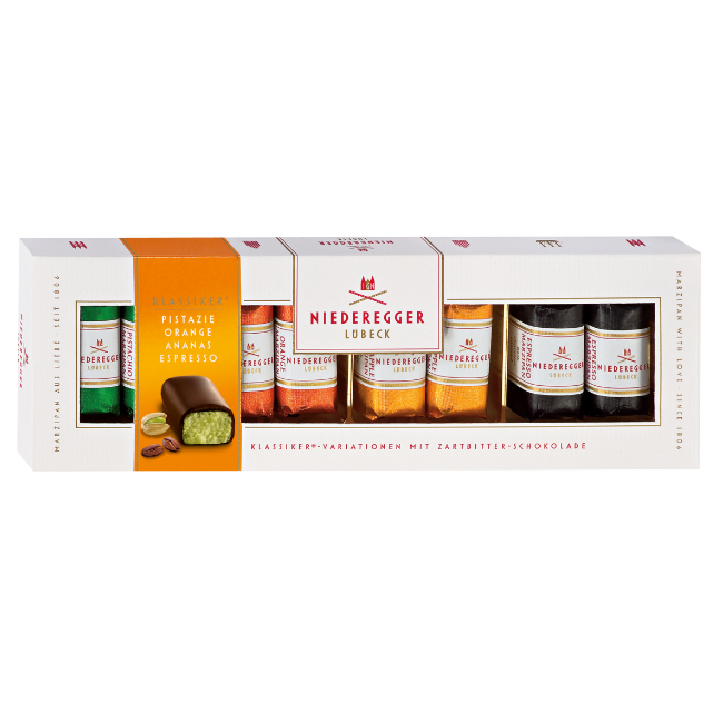 Dark Chocolate Covered Marzipan Mini Loaves In Gift Box - Pistachio, Orange, Pineapple, Espresso